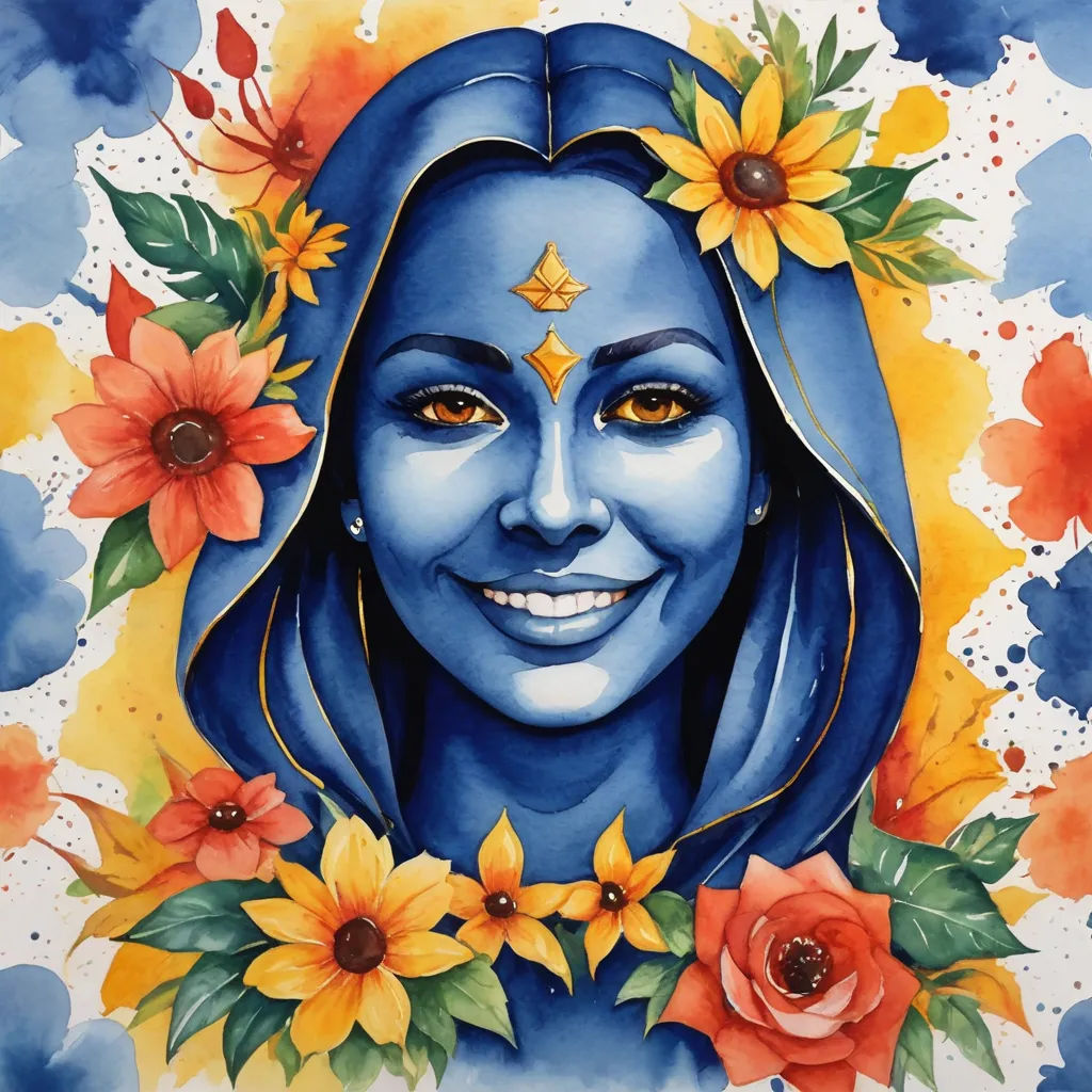 a painting of a woman with blue skin and flowers around her neck and face, painted in watercolor, metaphysical painting, a watercolor painting, Ella Guru, organic painting