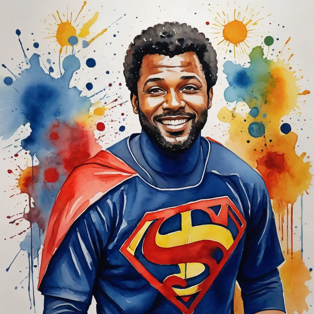 a painting of a man wearing a superman suit and smiling at the camera with paint splatters all around him, funk art, a photorealistic painting, Chris LaBrooy, stanley artgerm lau