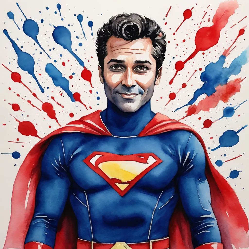 a painting of a man dressed as superman with paint splatters all over his face and chest, and a red cape, action painting, a watercolor painting, Adam Dario Keel, ultra realistic illustration