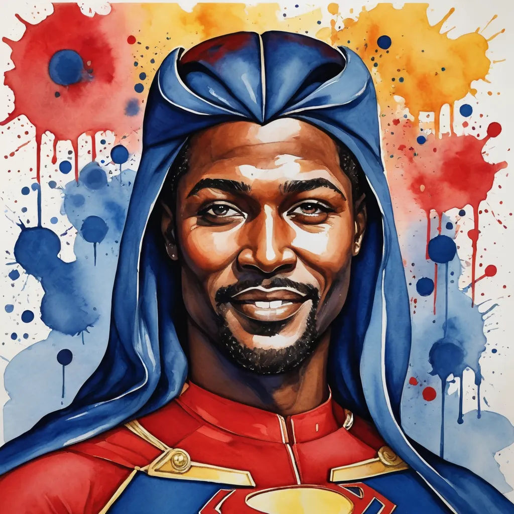 a painting of a man in a superman costume with a blue cape on his head and a red shirt on, afrofuturism, a character portrait, Altichiero, in gouache detailed paintings