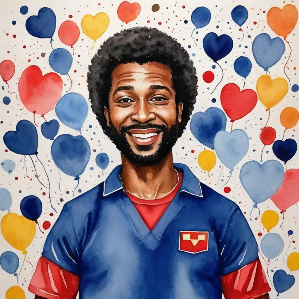 a painting of a man with balloons in the background and a red shirt on his chest and a blue shirt on his chest, naive art, an ultrafine detailed painting, Christopher Perkins, character portrait