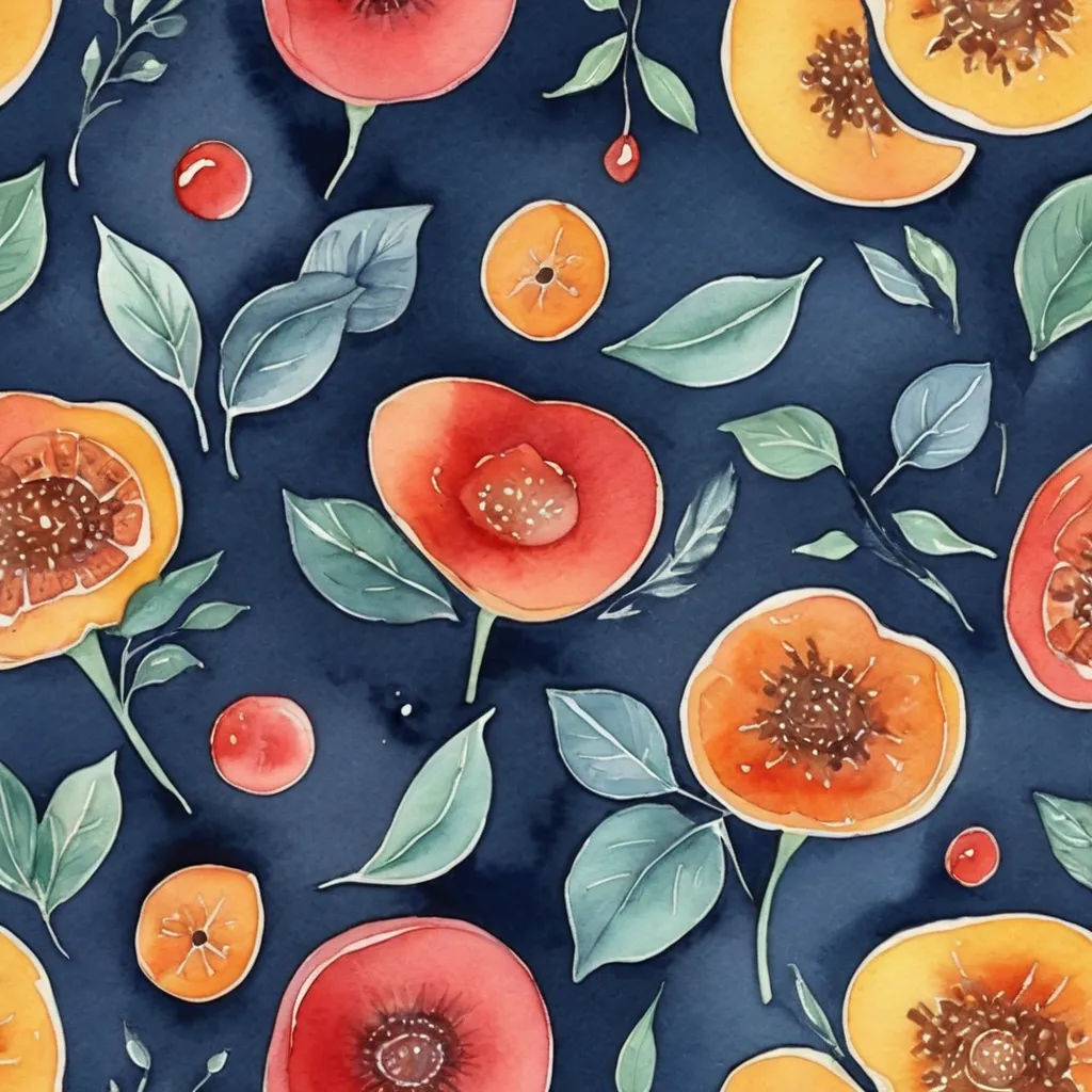 a painting of a bunch of fruit on a blue background with leaves and flowers on it, with a blue background with a blue background with a pattern of oranges and red, arts and crafts movement, a watercolor painting, Annabel Kidston, in gouache detailed paintings
