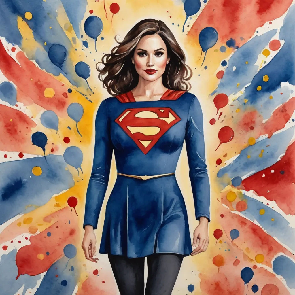 a painting of a woman in a superman costume with a butterfly wings behind her and a red, white, and blue background, figurative art, a watercolor painting, Artgerm, watercolor