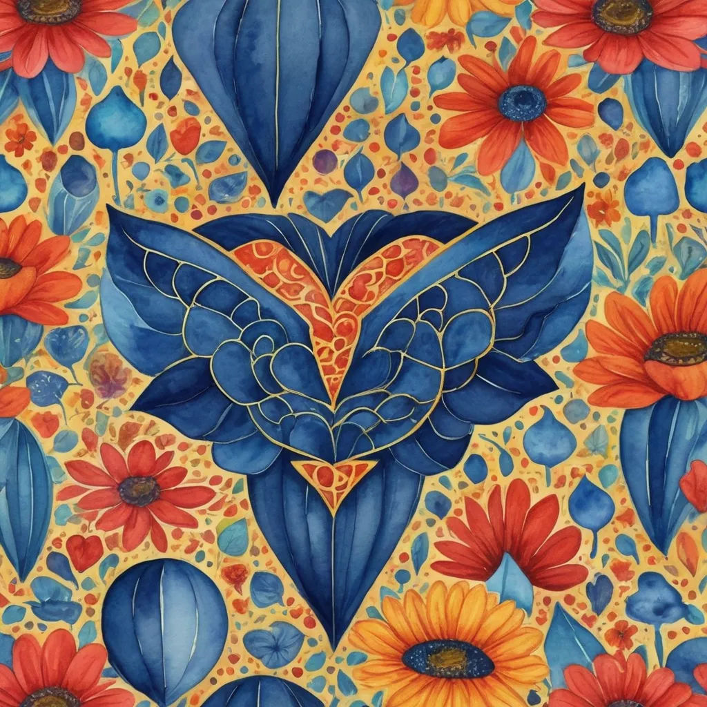 a painting of a heart surrounded by flowers and leaves on a yellow background with blue and red colors and a blue heart, qajar art, a detailed painting, Amanda Sage, in gouache detailed paintings