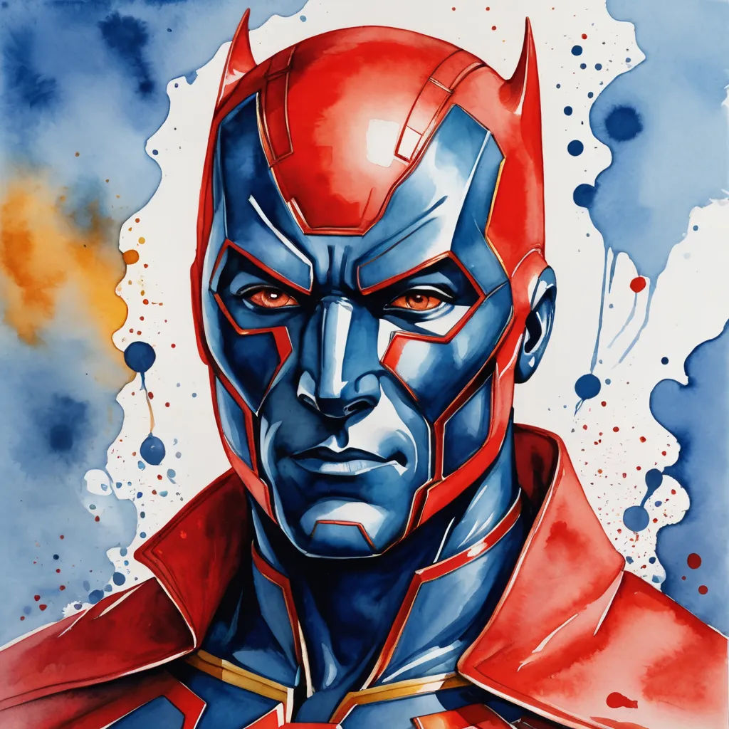 a painting of a man in a red cape and blue suit with red hair and horns on his head, process art, an ultrafine detailed painting, Benjamin Marra, marvel comics