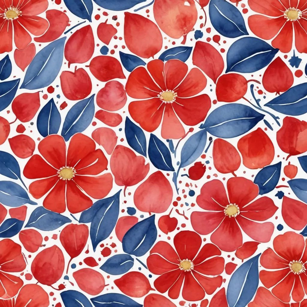 a red and blue flower pattern on a white background with blue leaves and dots on it, with a red and blue flower pattern, arts and crafts movement, a watercolor painting, Annabel Kidston, in gouache detailed paintings