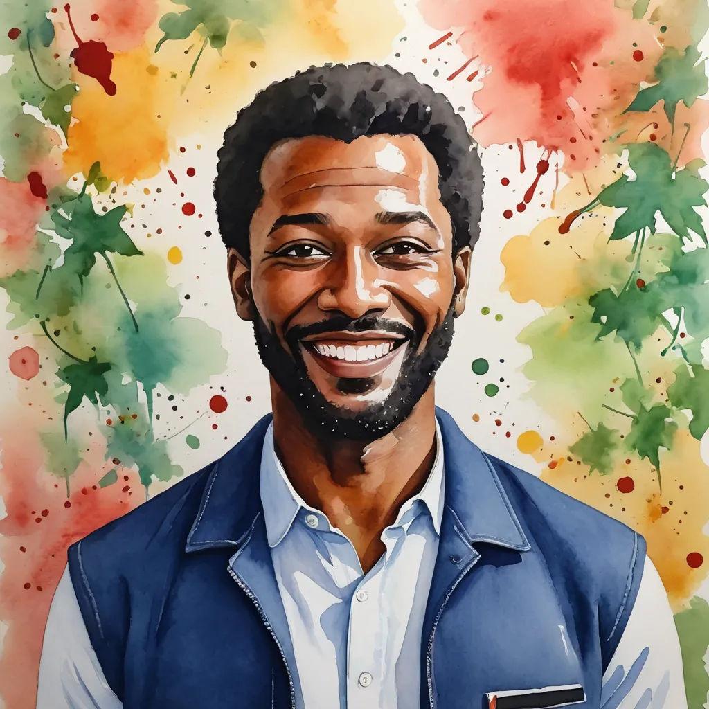 a painting of a man with a beard and a blue vest on, smiling and wearing a blue shirt, black arts movement, a character portrait, Art Green, character portrait