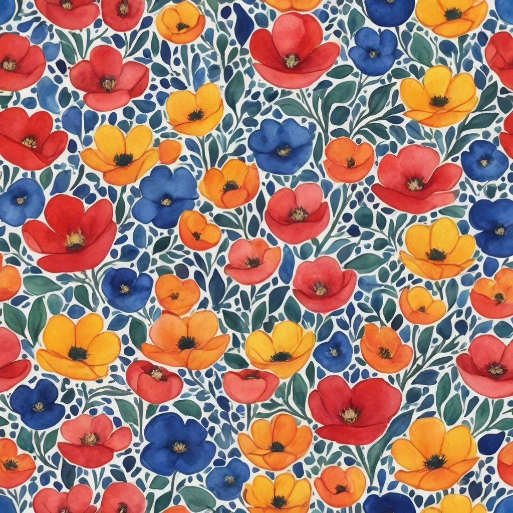 a colorful flower pattern with many different colors and sizes of flowers on it, including red, yellow, blue, and green, arts and crafts movement, a watercolor painting, Annabel Kidston, in gouache detailed paintings