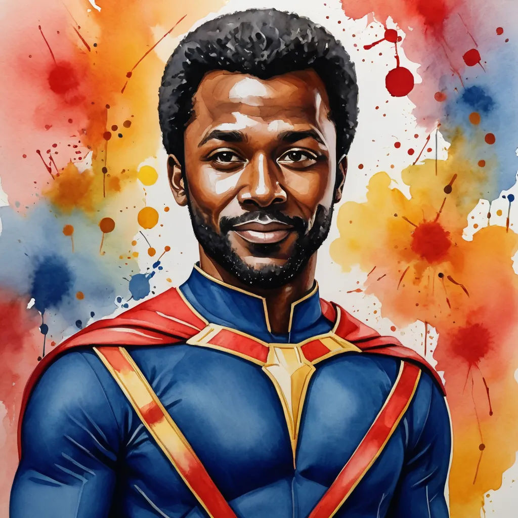 a painting of a man in a blue suit with a red cape on his head and a red tie around his neck, afrofuturism, an ultrafine detailed painting, Artgerm, stanley artgerm lau