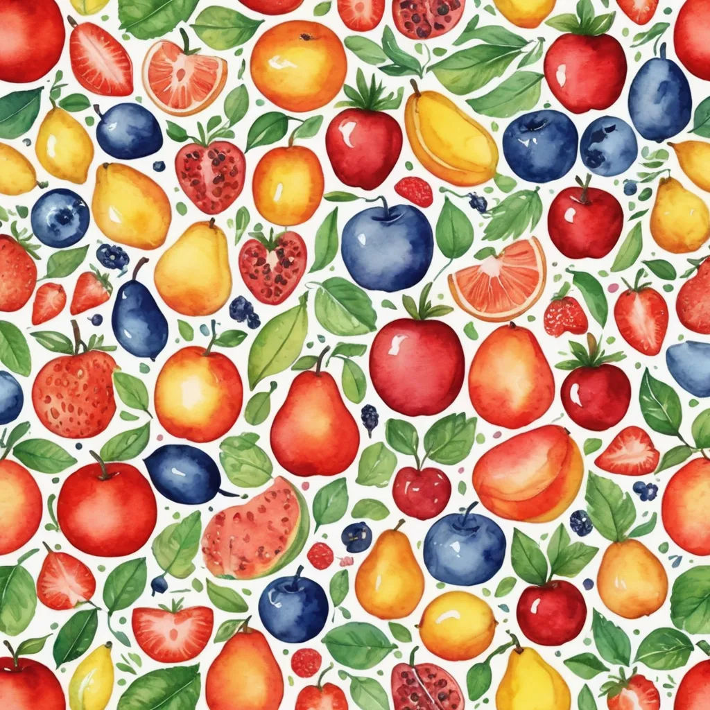 a watercolor painting of fruit and leaves on a white background with a blue sky in the background and a red, yellow, green, orange, blue, and red, and white background, folk art, a watercolor painting, Annabel Kidston, berries