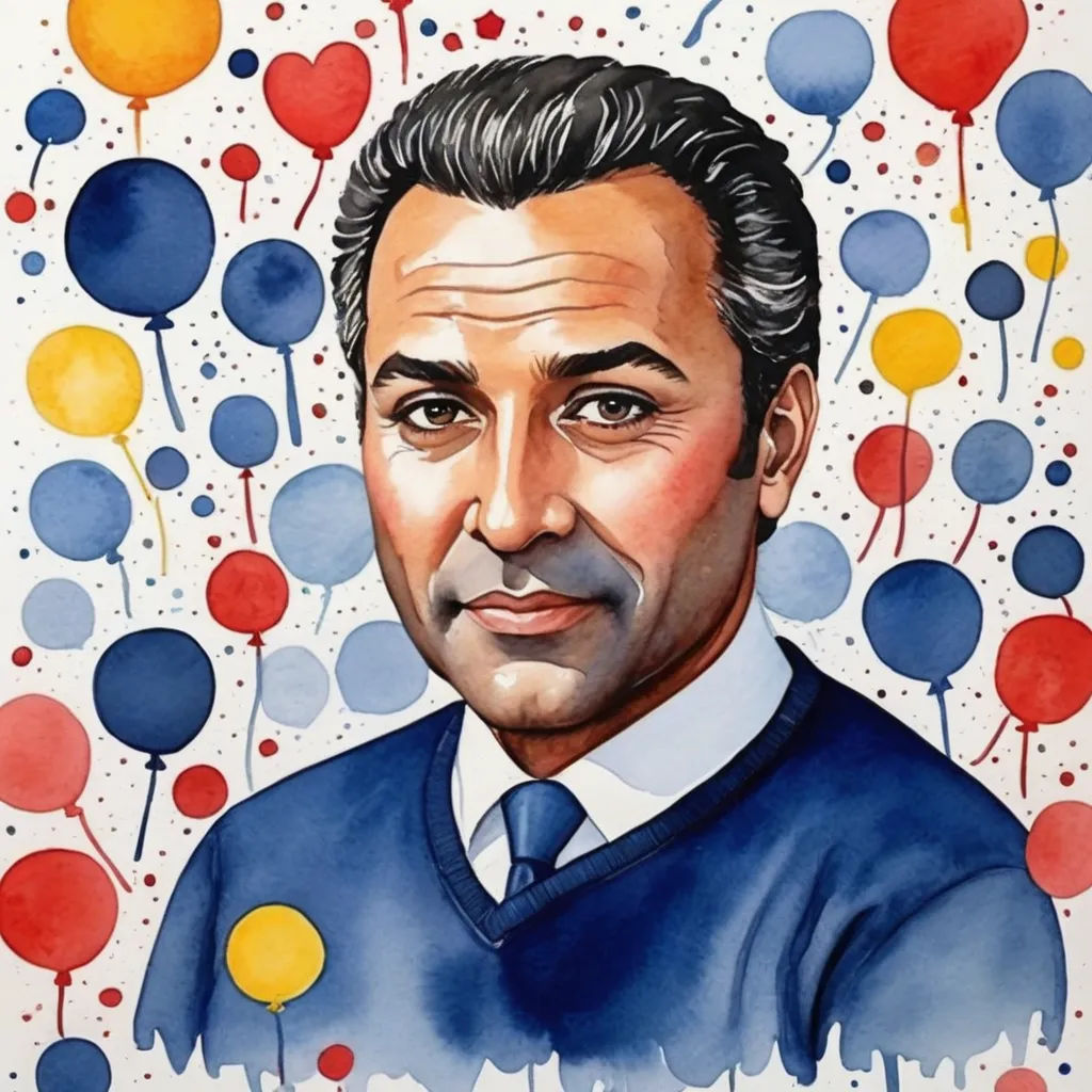 a painting of a man with balloons around him and a blue sweater on his shoulders and a blue shirt on his shoulders, academic art, an ultrafine detailed painting, Arthur Sarkissian, painting