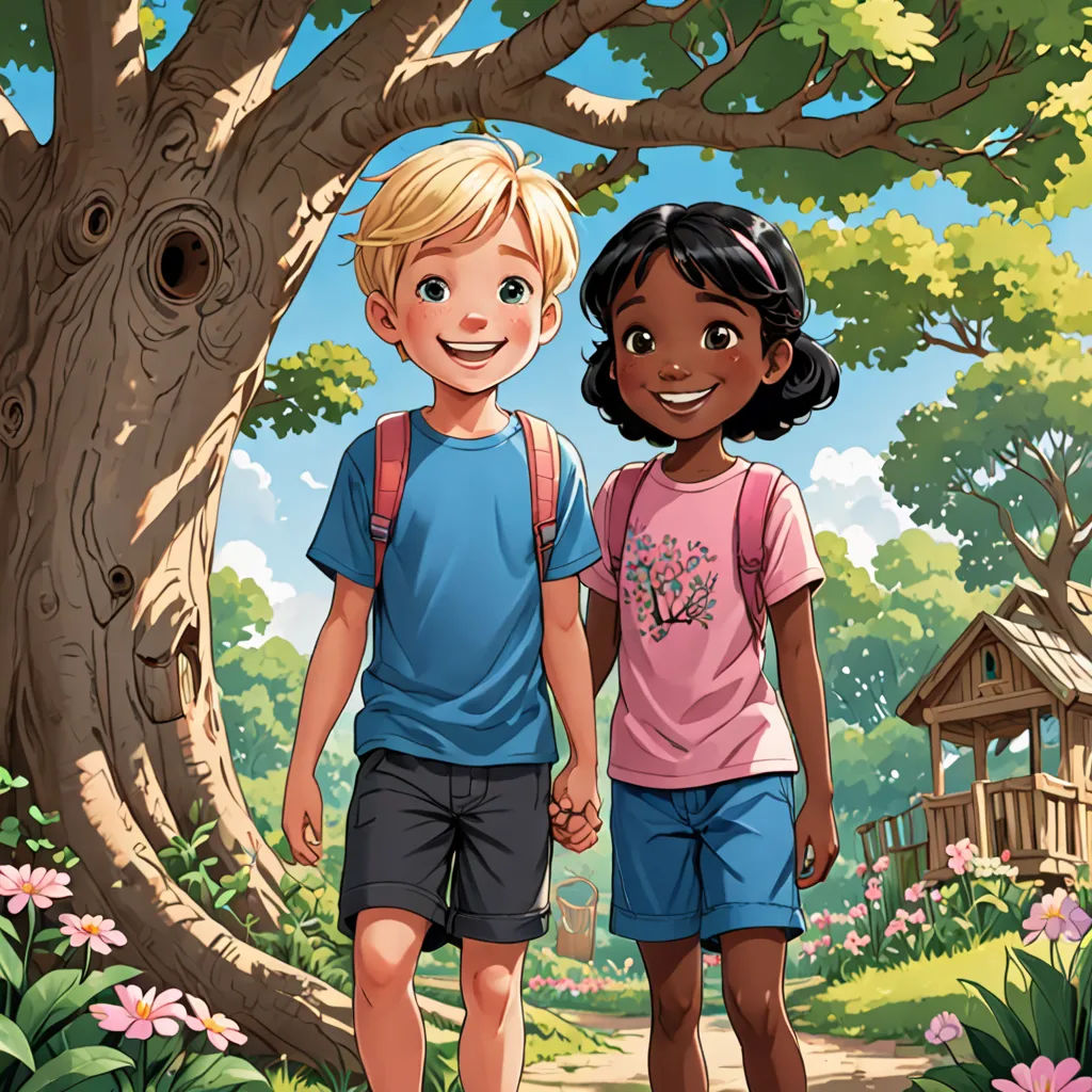 a couple of kids standing next to a tree in a forest with a house in the background and a birdhouse in the background, Colin Middleton, american scene painting, a storybook illustration, comic cover art