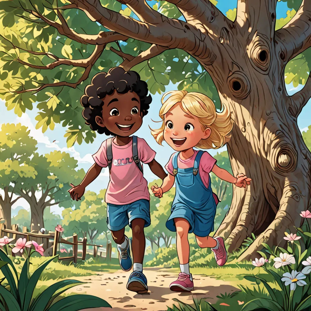 two children running in the park under a tree illustration by alex krapfke for the children's book, Cliff Childs, american scene painting, a storybook illustration, storybook illustration