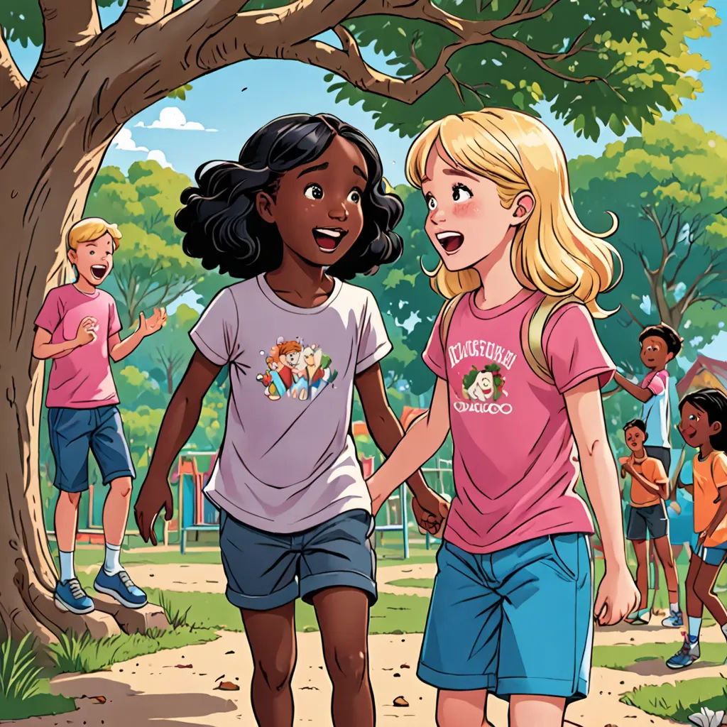 a couple of kids walking down a dirt road next to a tree and a fence with a bunch of kids, Carol Sutton, american scene painting, a storybook illustration, comic cover art
