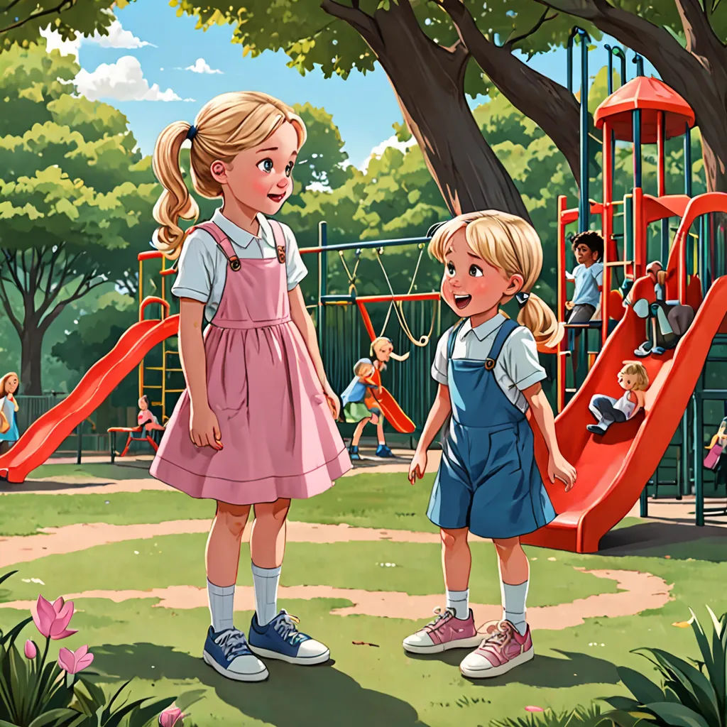 a couple of kids standing next to each other in a park with a playground in the background and children playing, Brothers Hildebrandt, american scene painting, a storybook illustration, storybook illustration