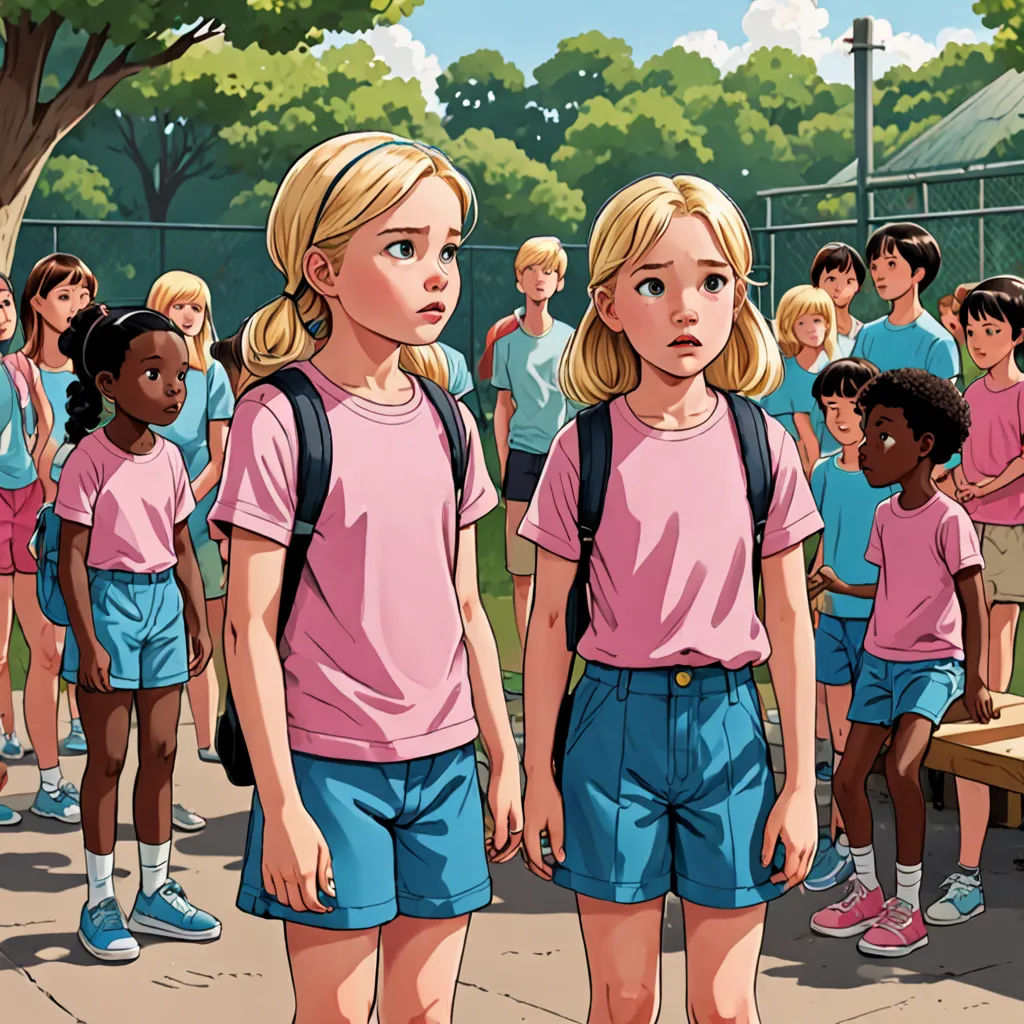 a group of children standing in front of a fence with a bench in the background and a man standing behind them, F Scott Hess, american realism, a storybook illustration, graphic novel