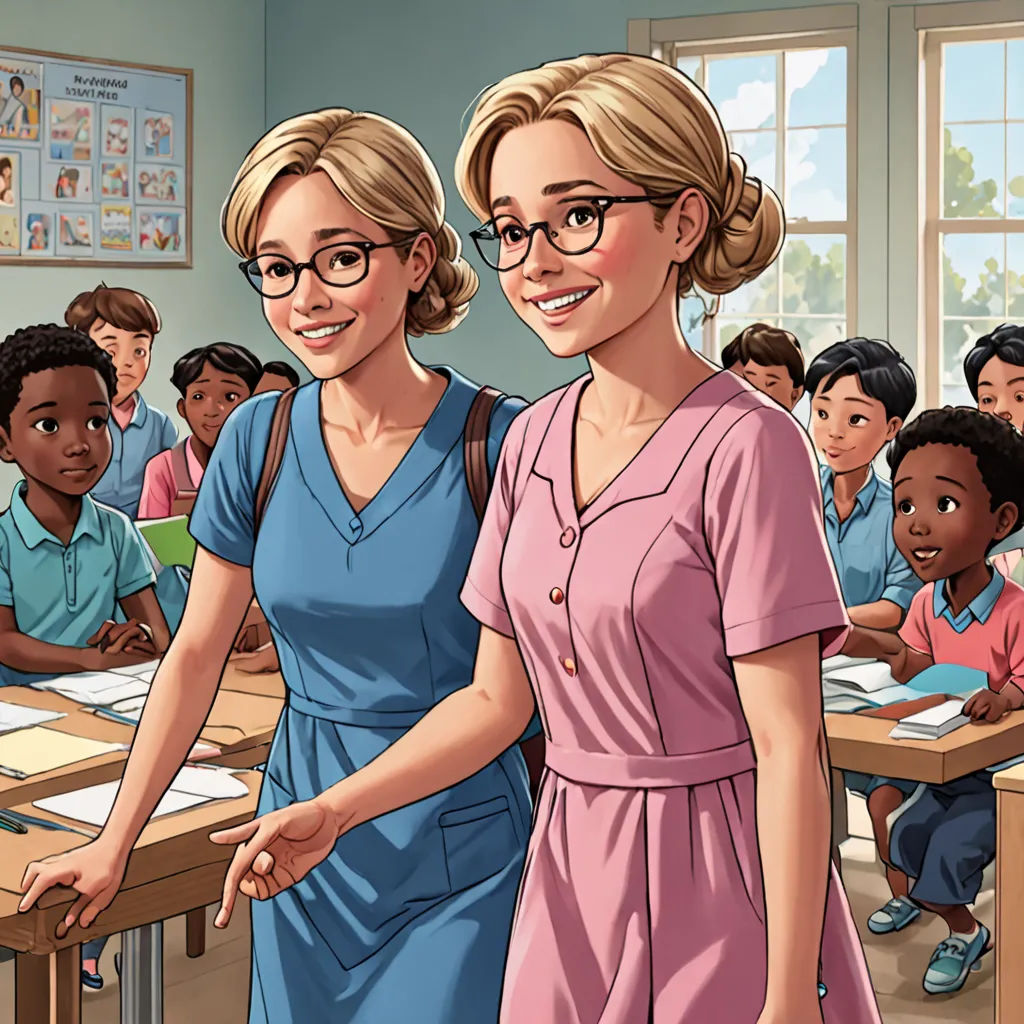 a cartoon of two women standing in front of a classroom full of children, one of them is pointing at the camera, F Scott Hess, american realism, a comic book panel, comic cover art
