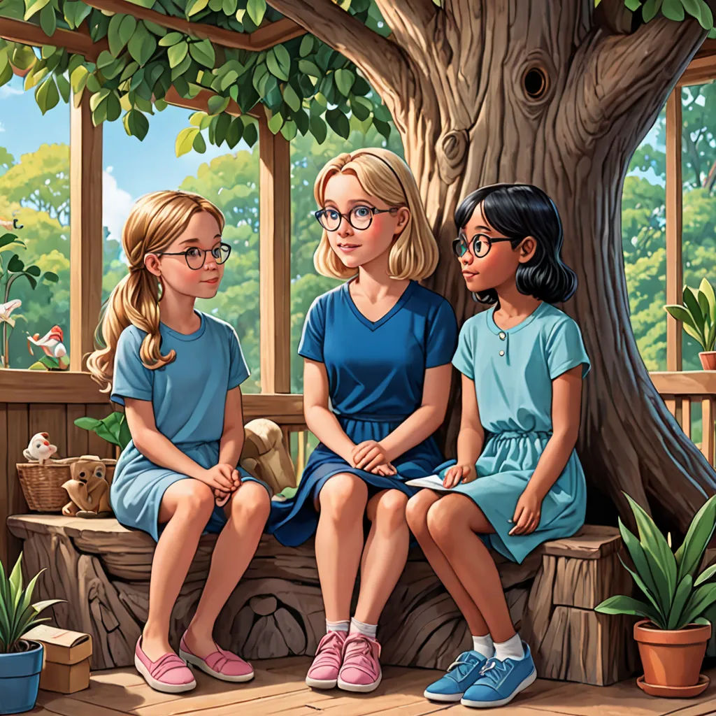 a painting of three girls sitting on a bench under a tree with a bird in the background and a birdhouse in the background, F Scott Hess, american scene painting, a storybook illustration, storybook illustration