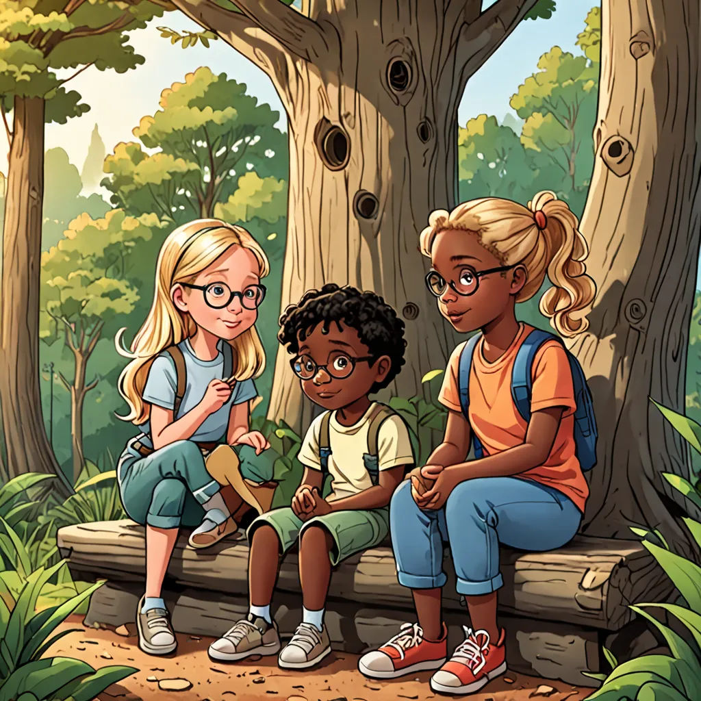 a group of children sitting on a bench in the woods near a tree trunk and a bird nest in the tree, Diego Gisbert Llorens, process art, a storybook illustration, official art