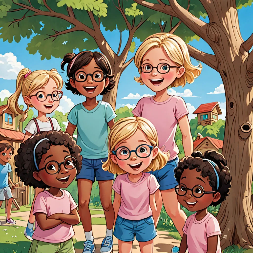 a group of children standing next to a tree in a park with a dog on the ground and a dog on the ground, Claire Hummel, american scene painting, a storybook illustration, storybook illustration