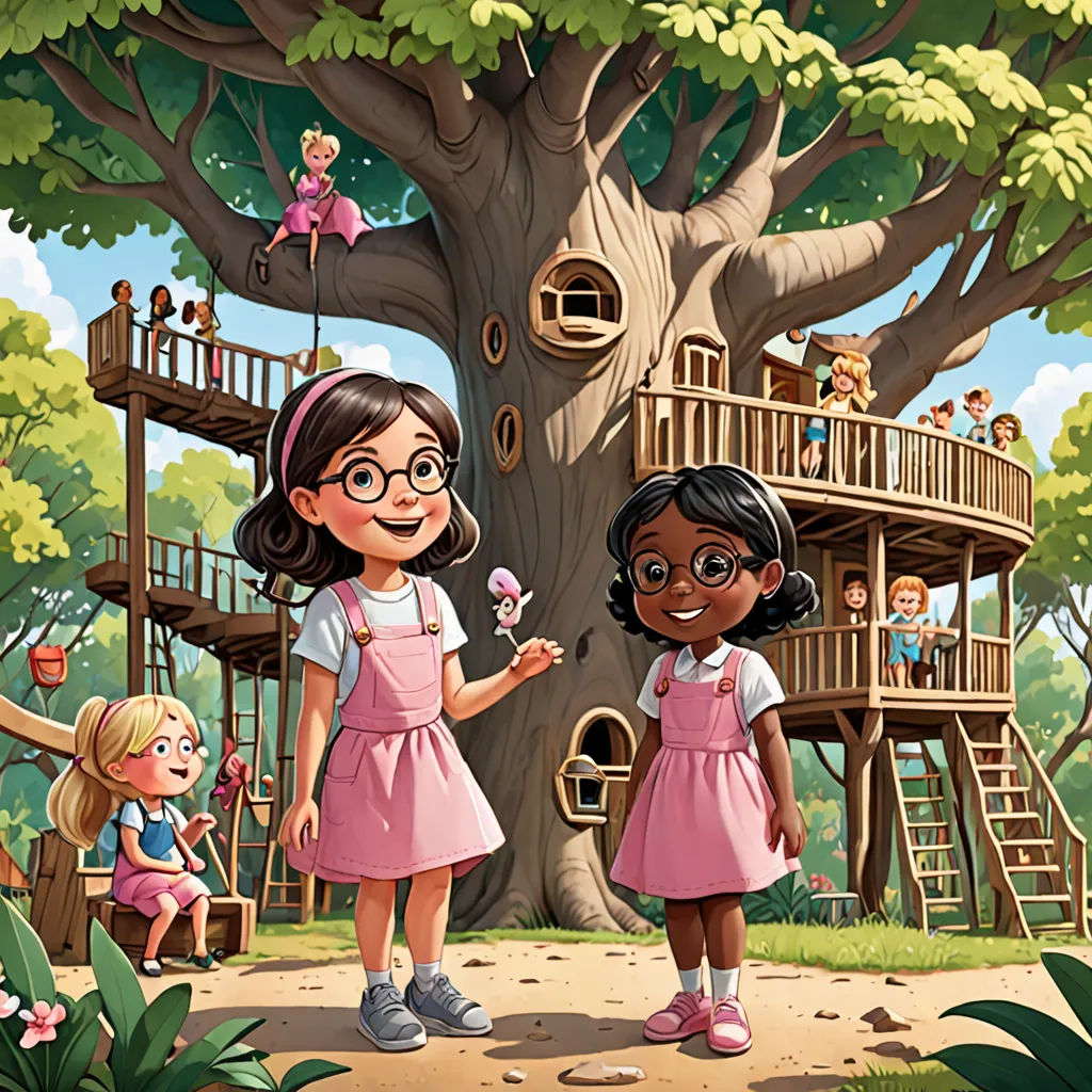 two girls standing in front of a tree house with a playground in the background and a tree with a ladder to the top, Christopher Moeller, fantasy art, a storybook illustration, storybook illustration