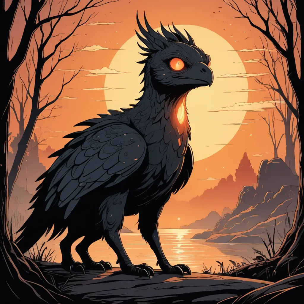 a cartoon of a bird with glowing eyes standing in a forest at sunset with a lake in the background, fantasy art, an album cover, Dan Mumford, josan gonzales and dan mumford