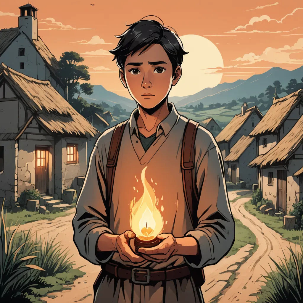 a man holding a lit candle in his hands in front of a village at sunset with a sunset in the background, fantasy art, a character portrait, Diego Gisbert Llorens, comic cover art