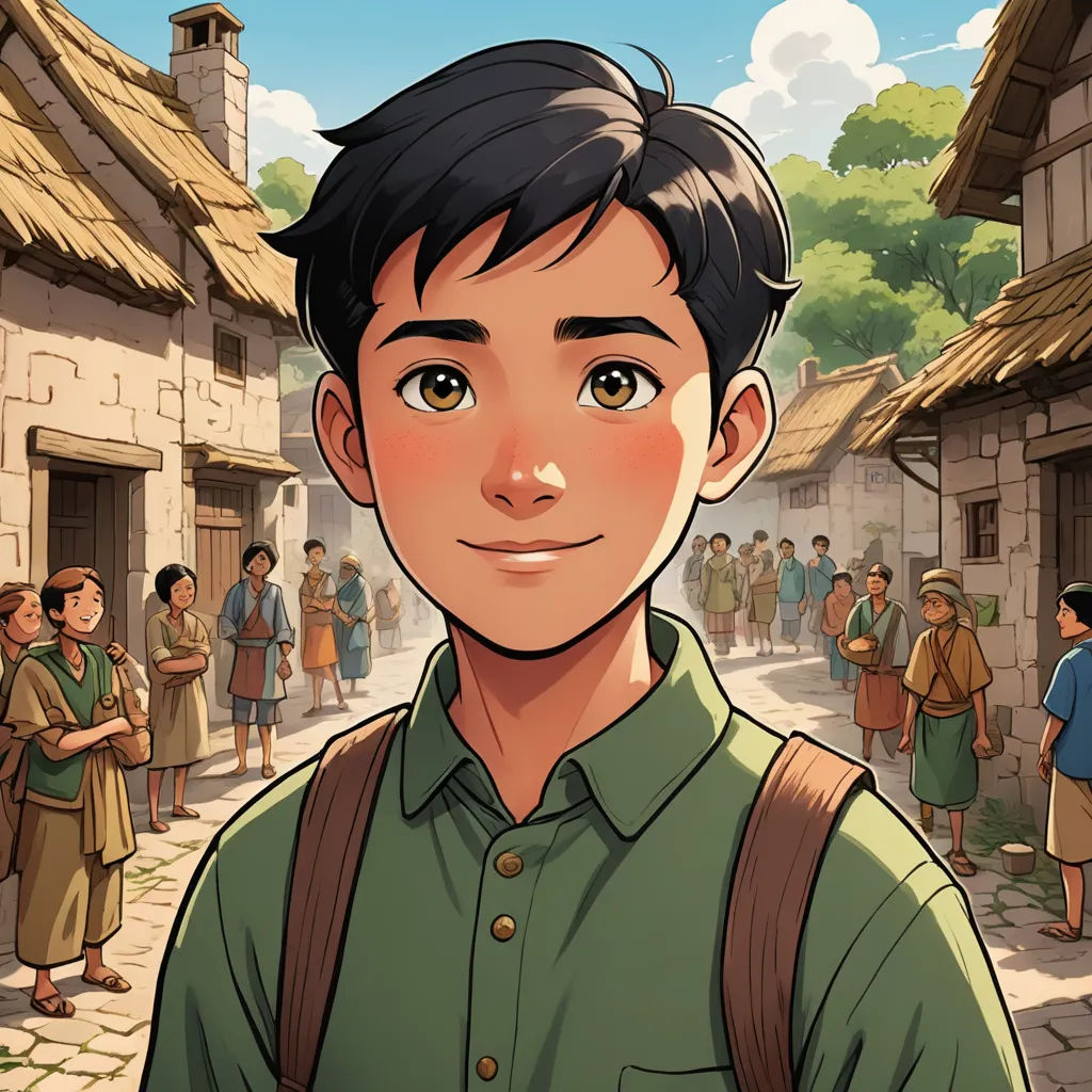 a boy in a green shirt standing in front of a crowd of people in a village with a small building, sots art, a character portrait, Cedric Seaut (Keos Masons), comic cover art