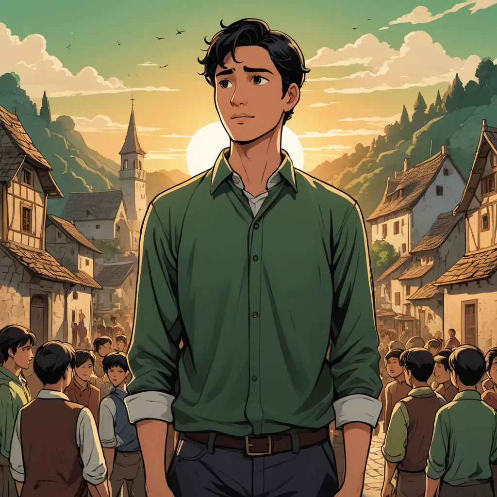 a man standing in front of a crowd of people in a village with a clock tower in the background, serial art, a comic book panel, Cedric Seaut (Keos Masons), official art