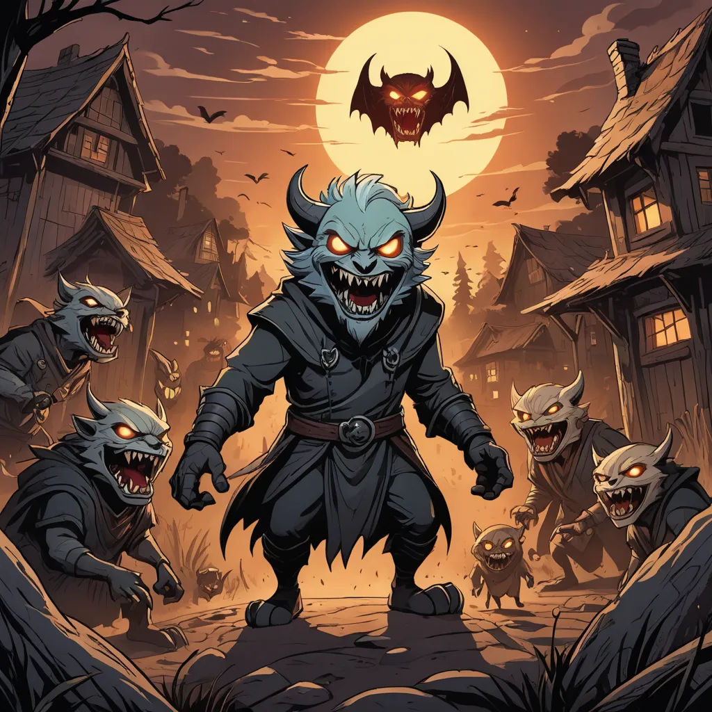 a cartoon of a demon with many demonic faces and a full moon in the background with a house and a cemetery, sots art, concept art, Anton Fadeev, league of legends splash art