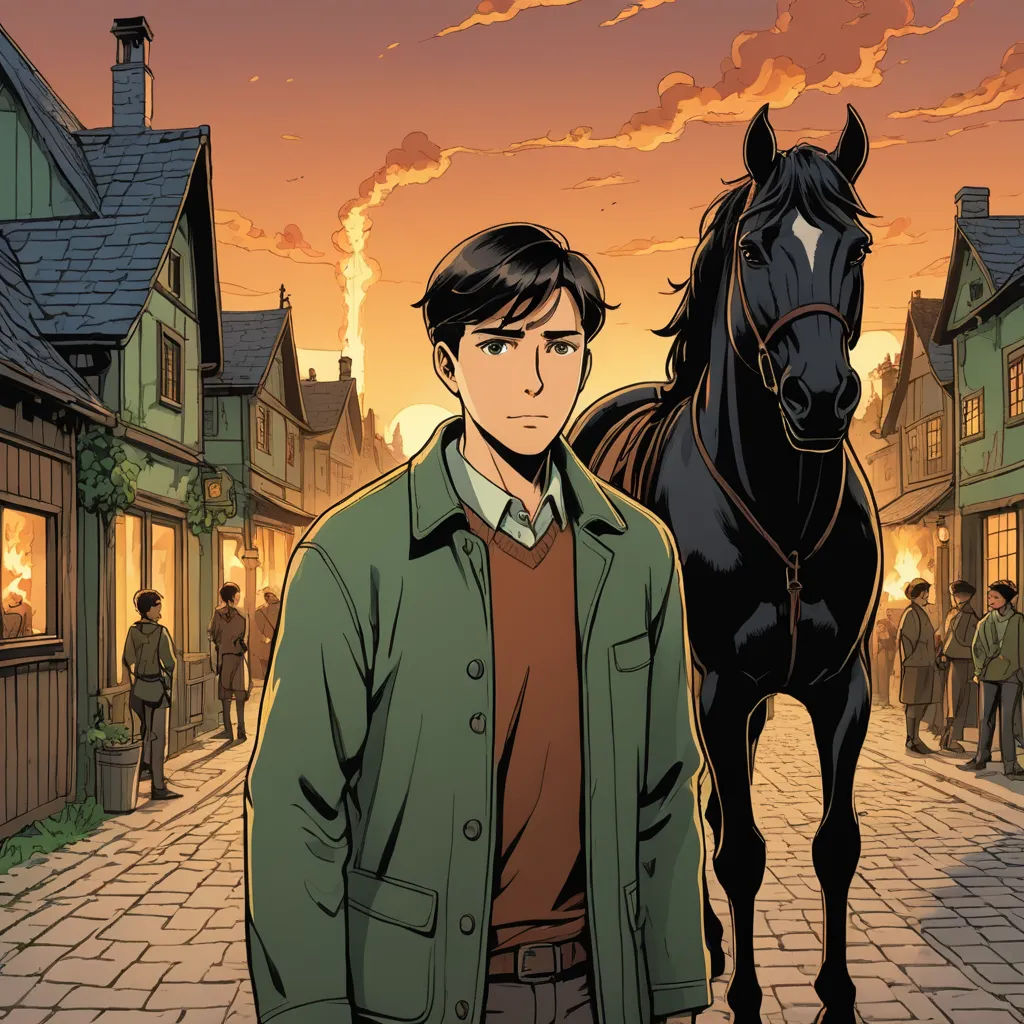 a man standing next to a horse in a town street at sunset or dawn with a man standing next to a horse, magical realism, a comic book panel, Diego Gisbert Llorens, official art