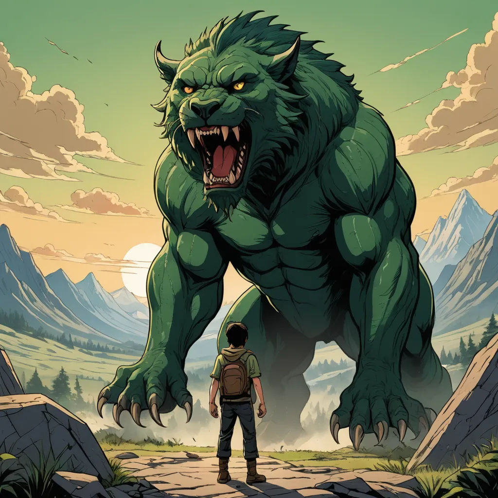 a man standing in front of a large monster with a backpack on his back and a mountain in the background, furry art, a comic book panel, Diego Gisbert Llorens, comic cover art