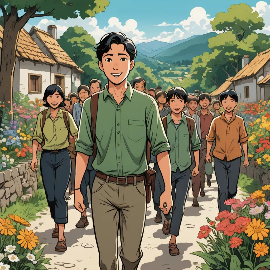 a man walking down a street with a bunch of people behind him and a bunch of flowers in the foreground, private press, a comic book panel, Choi Buk, official art