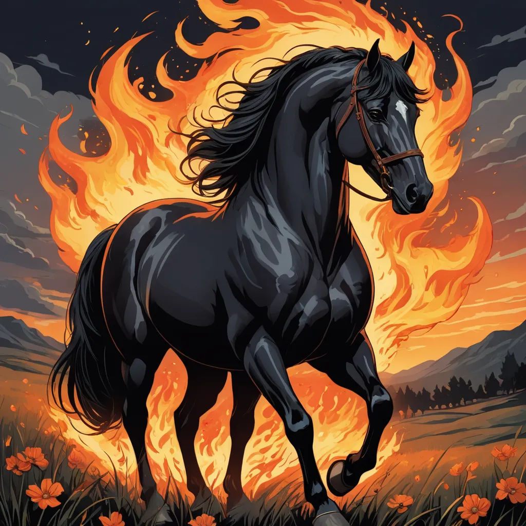 a black horse running in front of a blazing sky with flowers and a fireball in the background,, fantasy art, poster art, Dan Mumford, comic cover art