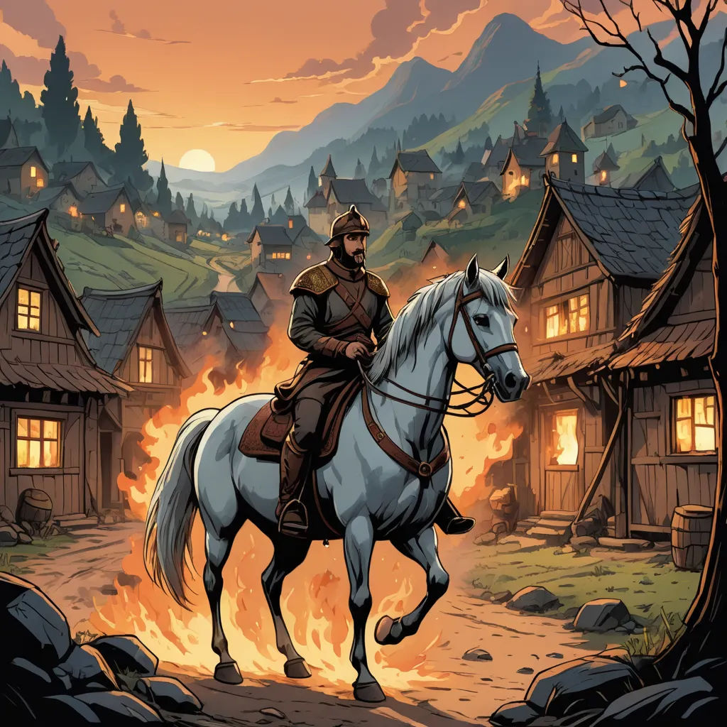 a man riding a white horse through a village at sunset with a fire in the background and a fire in the air, fantasy art, a storybook illustration, Boleslaw Cybis, comic cover art