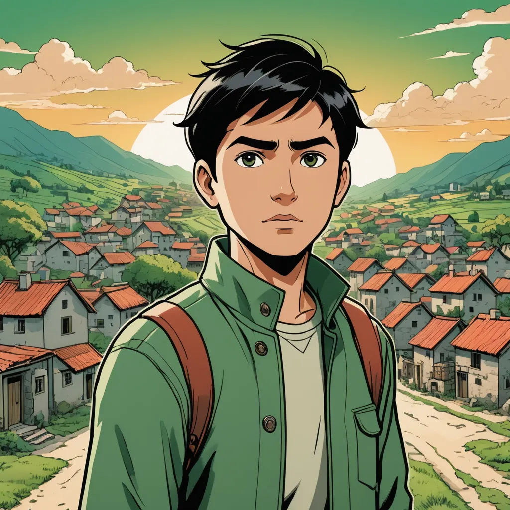 a man standing in front of a village with a green sky and mountains in the background, with a red roof, sots art, a comic book panel, Cedric Seaut (Keos Masons), graphic novel
