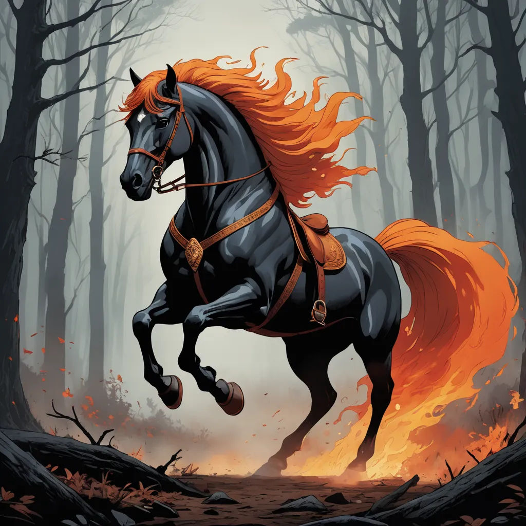 a horse with orange hair is galloping through a forest with trees and fire in its tail and a trail of leaves, fantasy art, poster art, Dan Mumford, elden ring