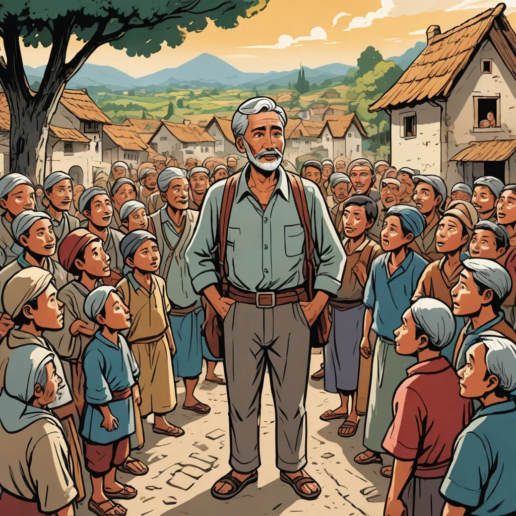 a man standing in front of a crowd of people in a village with a tree in the background and a man with a beard, socialist realism, a storybook illustration, Asaf Hanuka, graphic novel