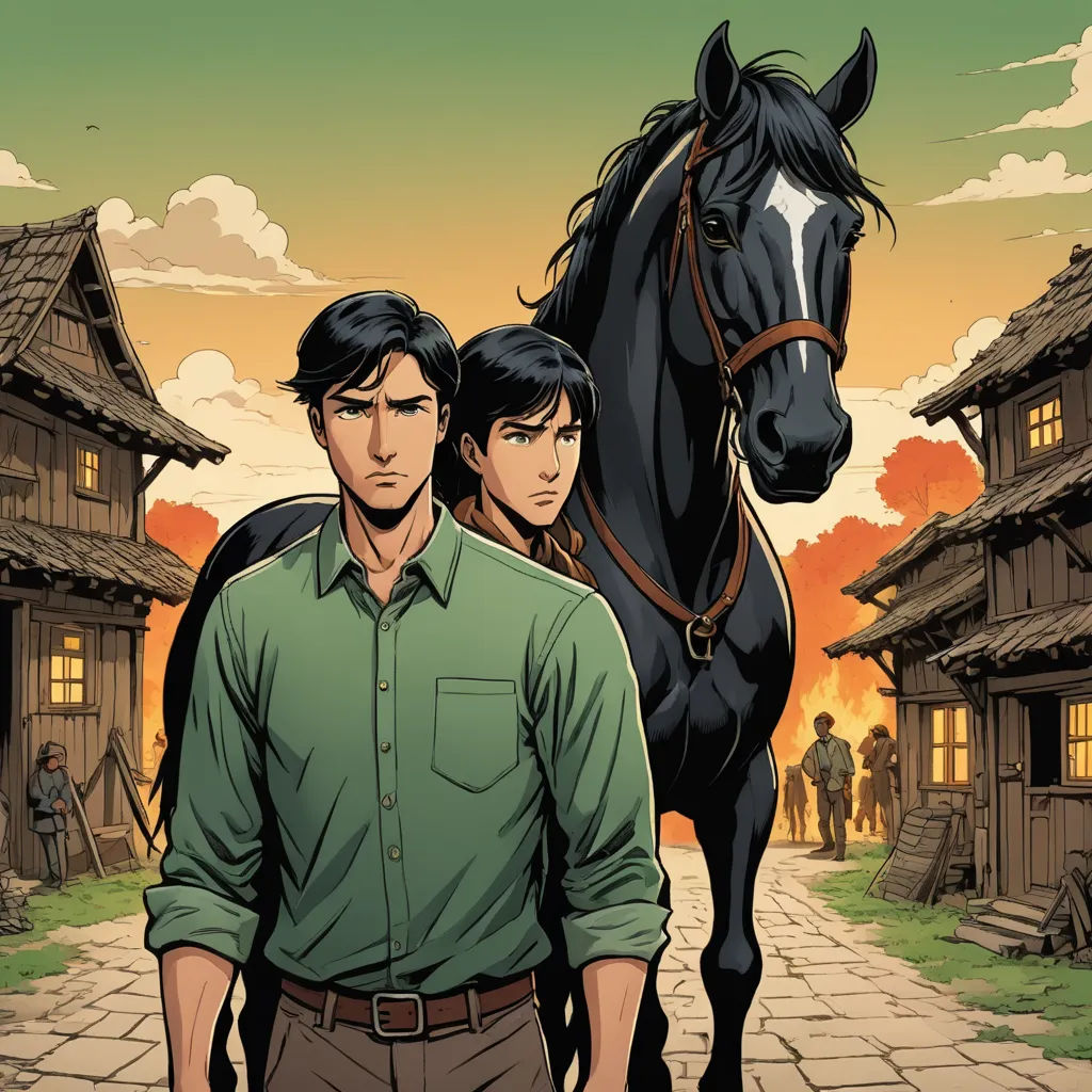 a man and a woman standing next to a horse in front of a house with a sky background and a sunset, cloisonnism, a comic book panel, Brothers Hildebrandt, western comic book art