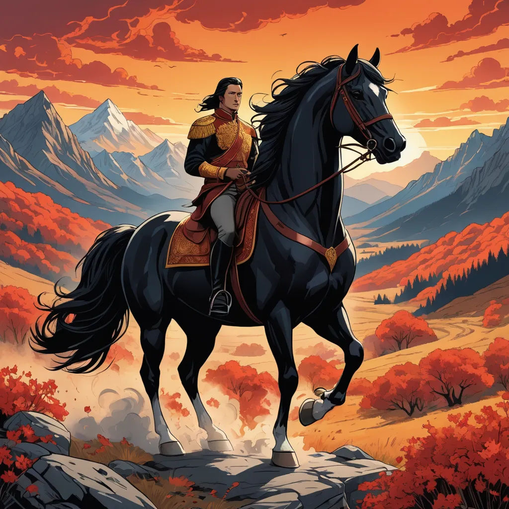 a painting of a man riding a horse in the mountains with a sunset behind him and a mountain range in the background, fantasy art, a comic book panel, Altoon Sultan, comic cover art