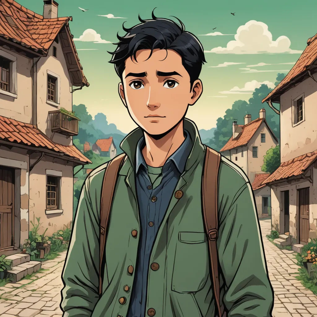 a man standing in front of a street with a backpack on his back and a house in the background, sots art, a character portrait, Cedric Seaut (Keos Masons), official art