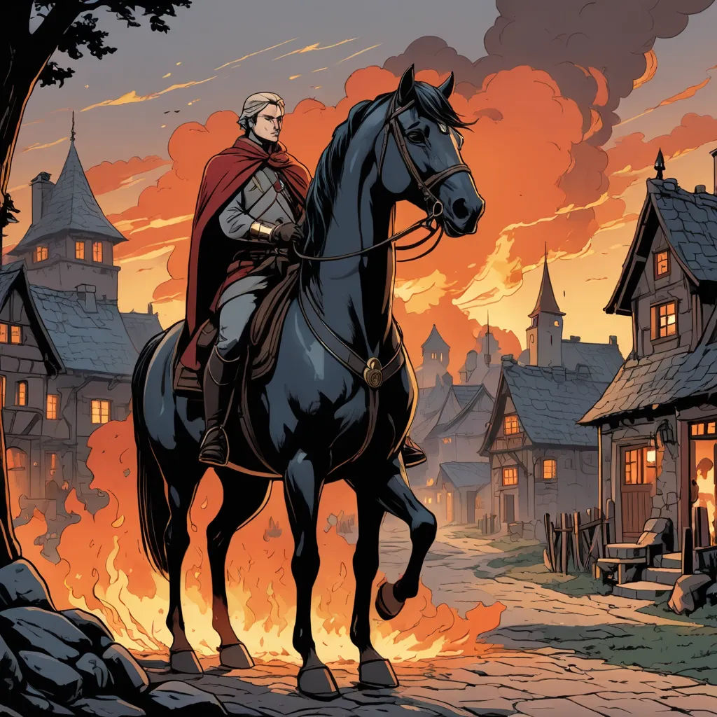 a man riding a horse in front of a fire filled town with a castle on it's side, fantasy art, a comic book panel, Dan Mumford, western comic book art
