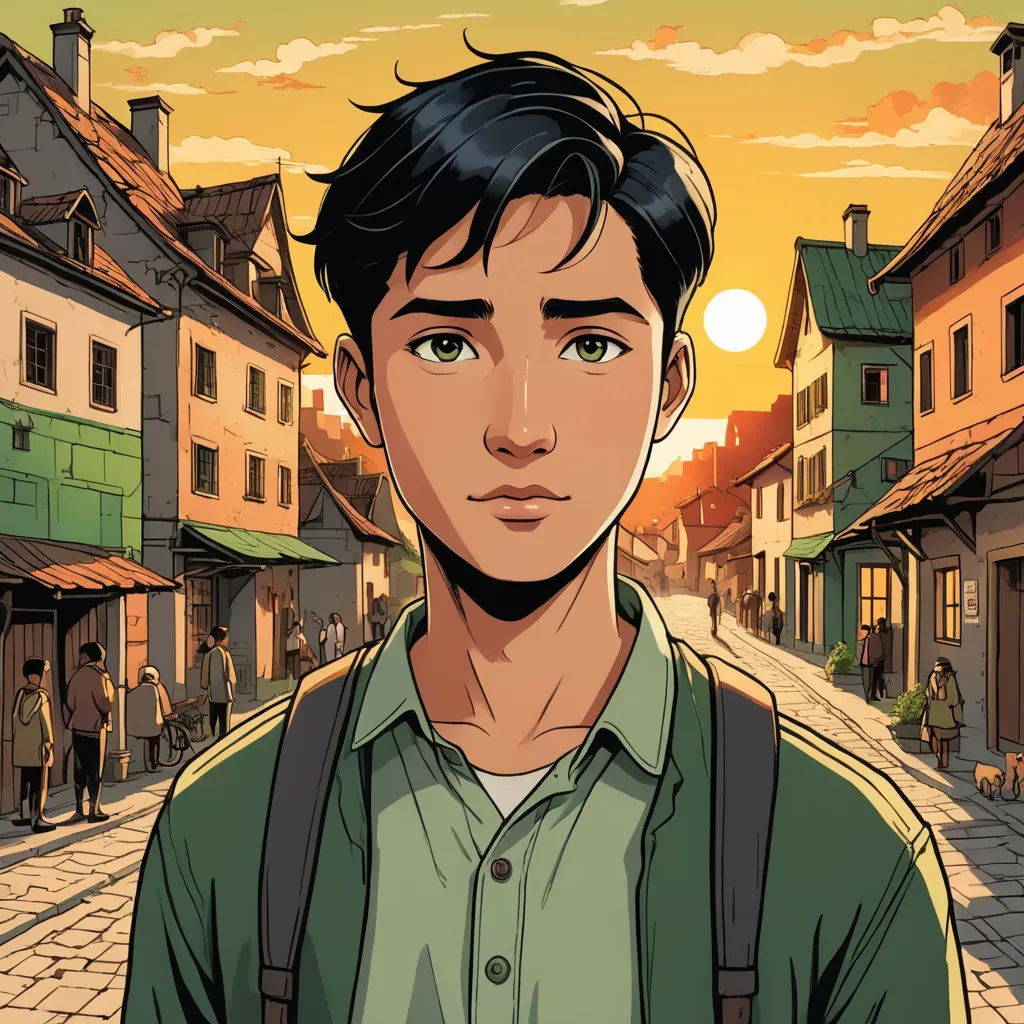 a man standing in front of a street with buildings and a sunset in the background with a person standing in front of him, sots art, a comic book panel, Everett Warner, graphic novel