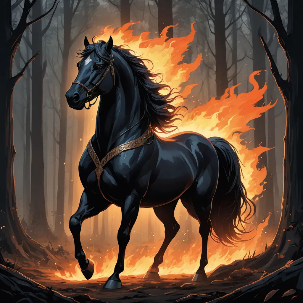 a horse running through a forest on a fire trail with a blazing background of trees and branches, with a blazing blaze behind it, fantasy art, a digital painting, Dan Mumford, fantasy illustration