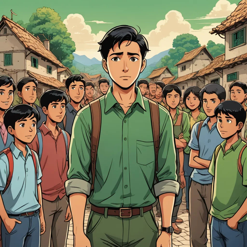a man standing in front of a group of people in a village with a green shirt and a backpack, serial art, a comic book panel, Basuki Abdullah, graphic novel