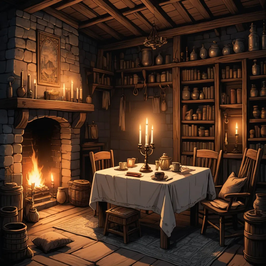 a table with a candle lit in a room with a fireplace and shelves full of books and other items, fantasy art, a detailed matte painting, Andreas Rocha, game art