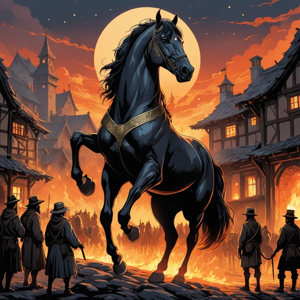 a horse is running in front of a fire with a man on it's back and a man on horseback, fantasy art, a storybook illustration, Dan Mumford, western comic book art