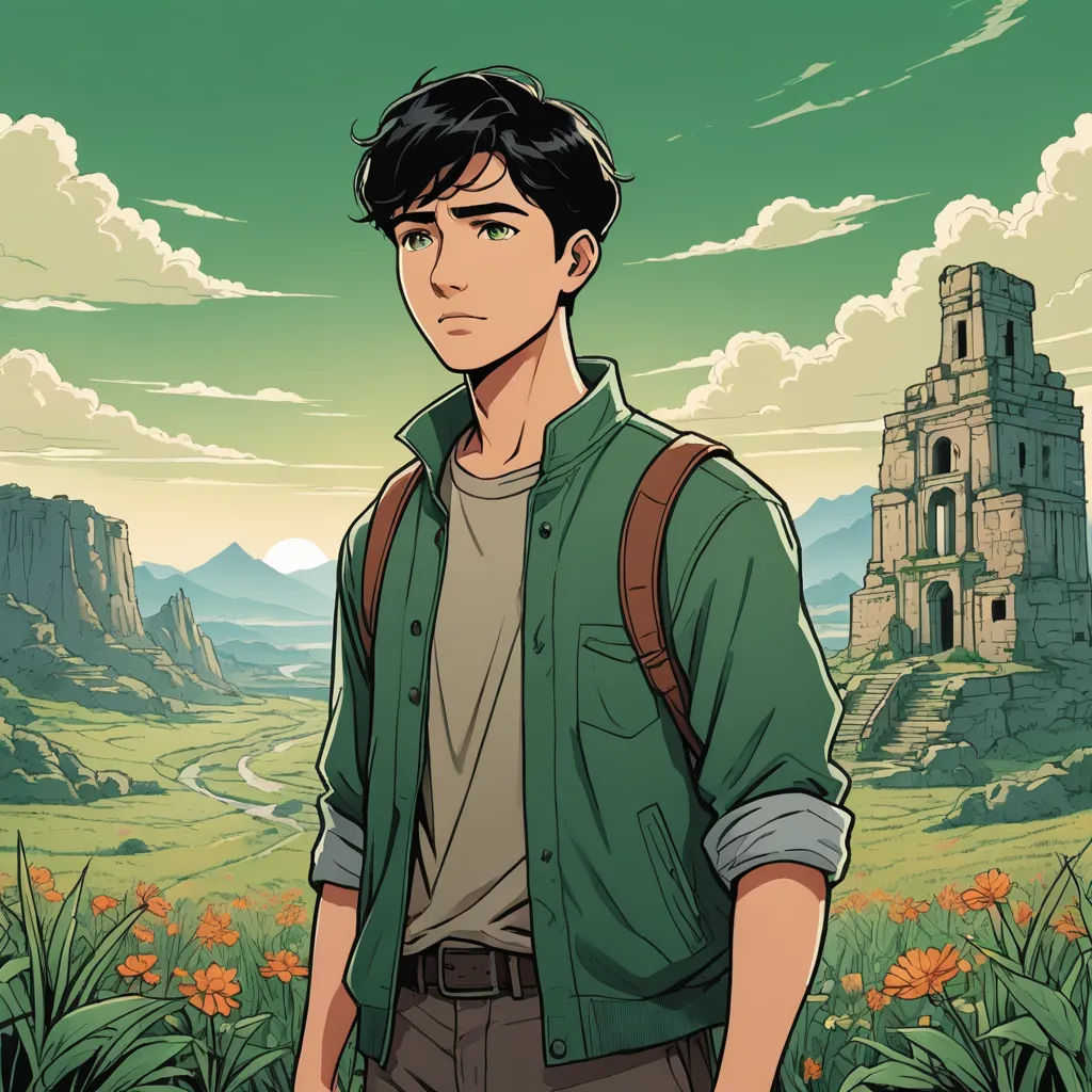 a man standing in front of a castle with a green sky and flowers behind him, in a cartoon style, sots art, a character portrait, Cedric Seaut (Keos Masons), official art
