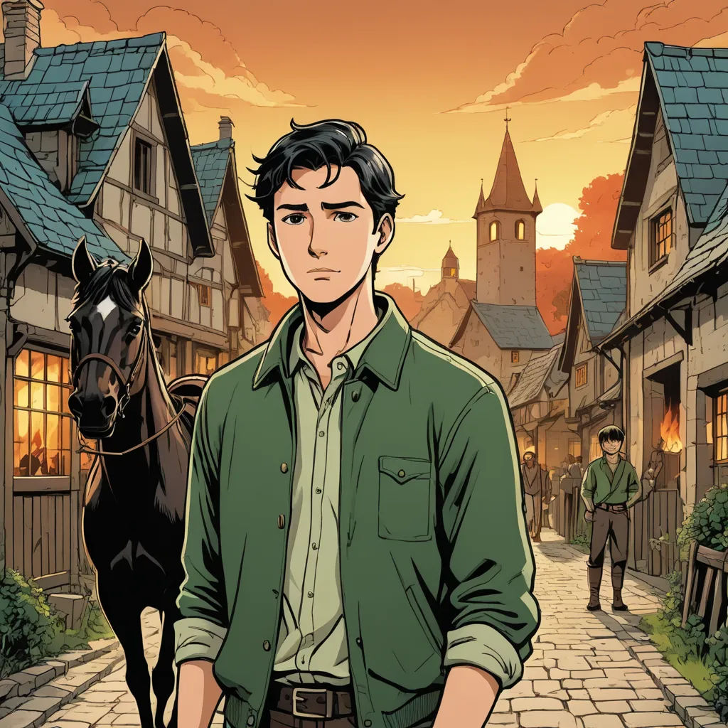 a man standing in front of a horse in a village with a horse on the street and a man standing next to a horse, pre-raphaelitism, a comic book panel, Cedric Seaut (Keos Masons), official art
