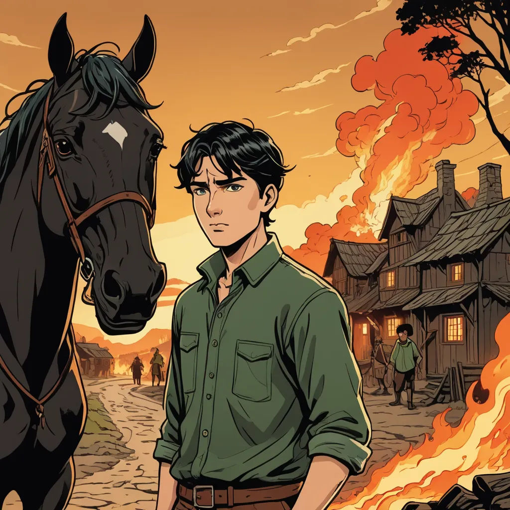 a man standing next to a horse in front of a fire filled house with a man standing next to it, context art, a comic book panel, Anson Maddocks, western comic book art